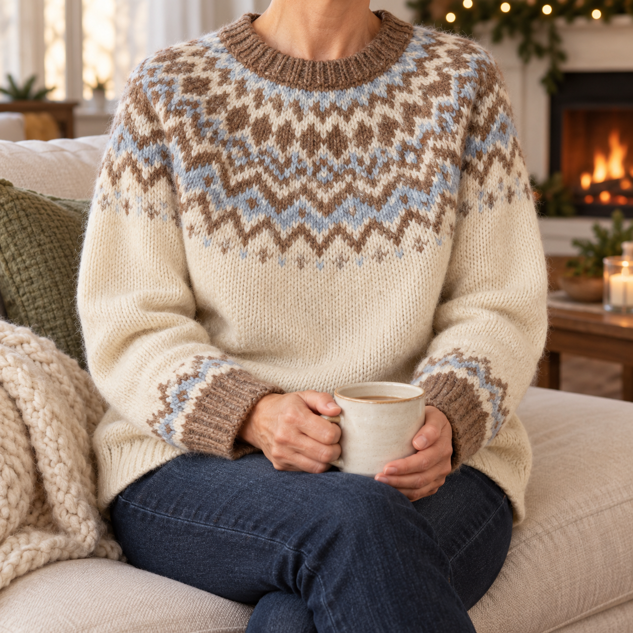 Cream and Mocha geometric sweater styled casually