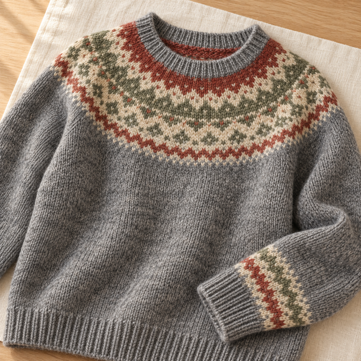 Close-up of Heather Gray geometric knit sweater pattern and texture