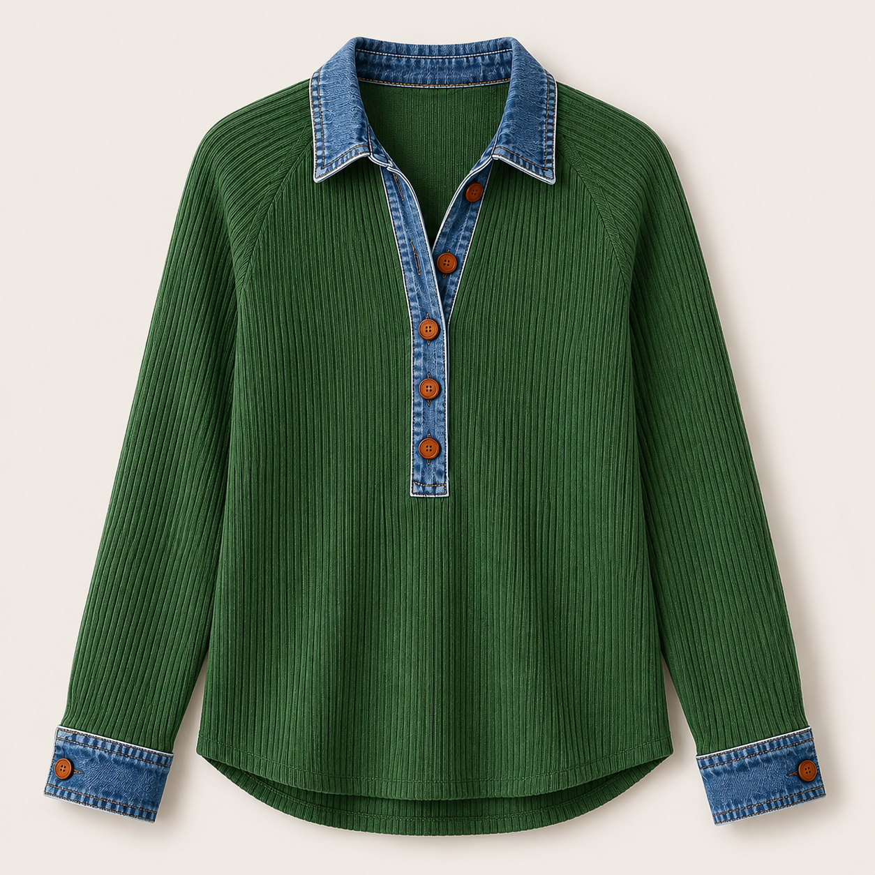 Denim-Trim Ribbed Knit Henley Top