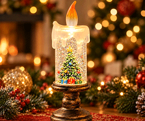 Animated Christmas snowfall candle light in use