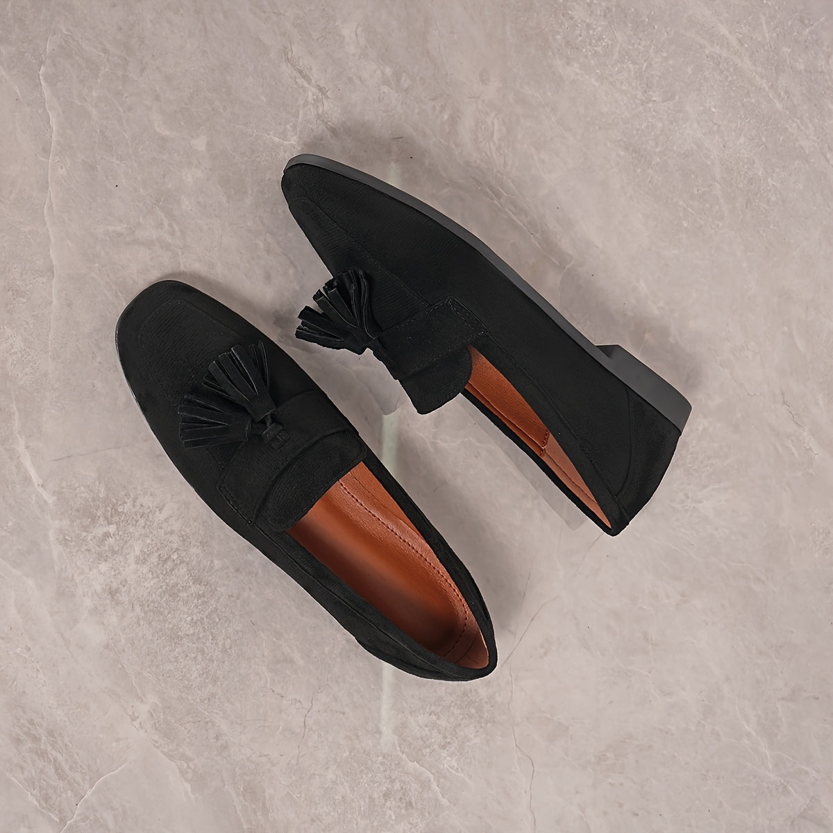 Lorae Women's Suede-Look Tassel Loafers — Black loafers from above