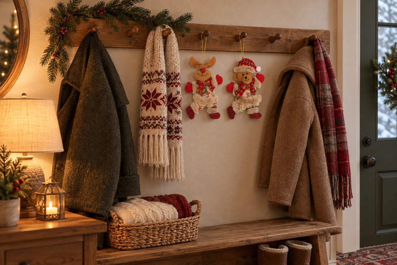 Christmas inspiration: small Reindeer and Bear ornaments on a peg rail in a warmly lit entryway