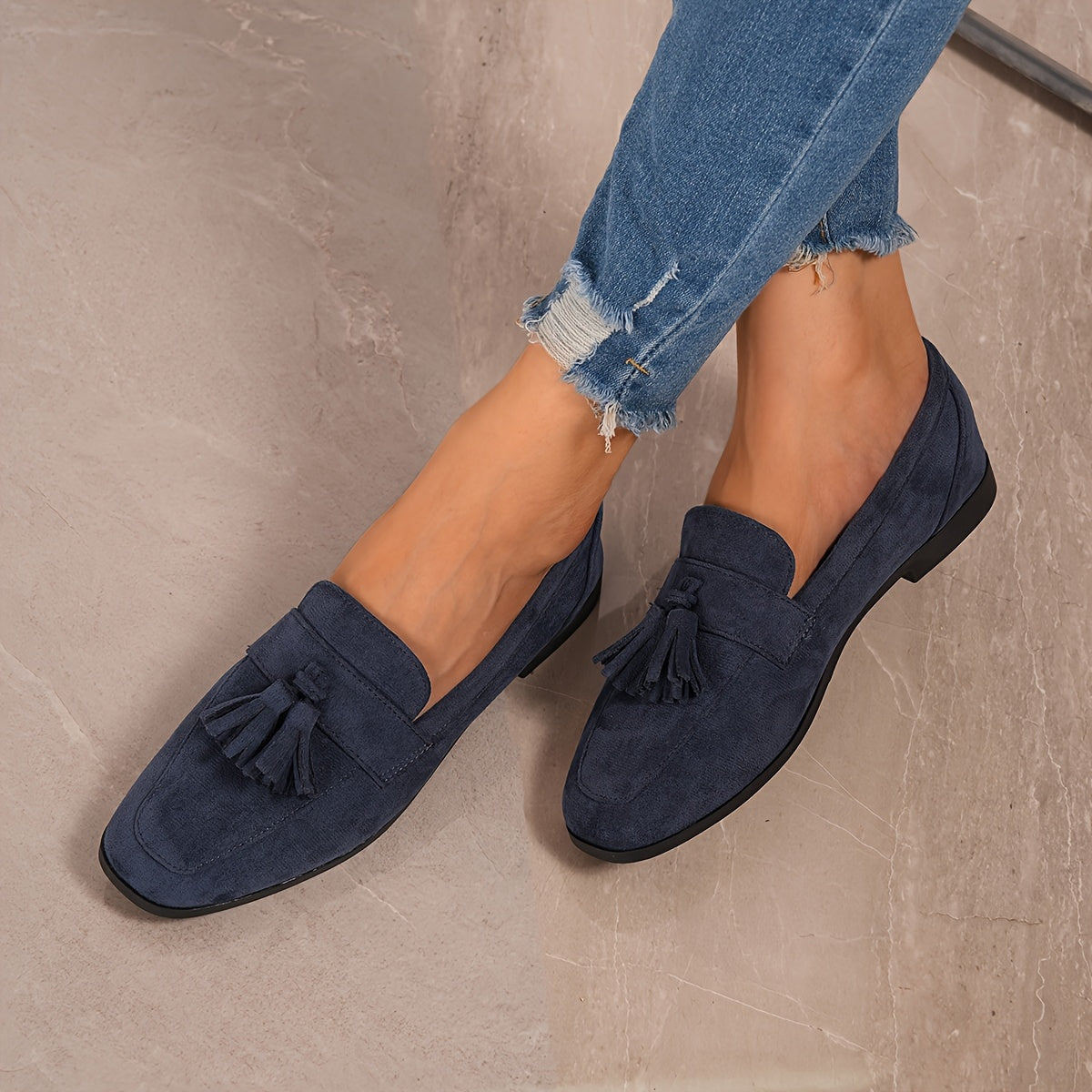 Lorae Women's Suede-Look Tassel Loafers — Navy loafers on foot