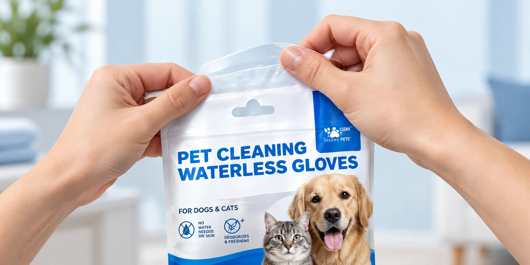 Waterless pet cleaning glove and resealable pouch