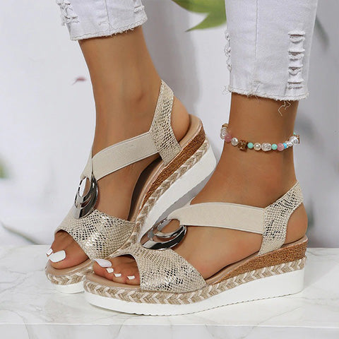 Women's Ring-Detail Open-Toe Wedge Sandals — Gold wedges on foot