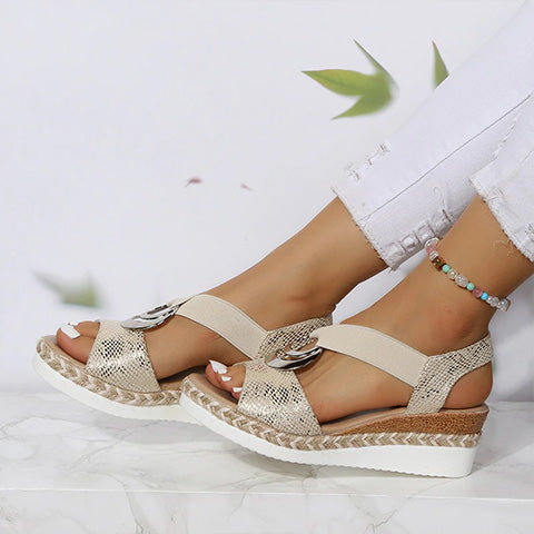 Women's Ring-Detail Open-Toe Wedge Sandals — Gold ring-detail wedges side view