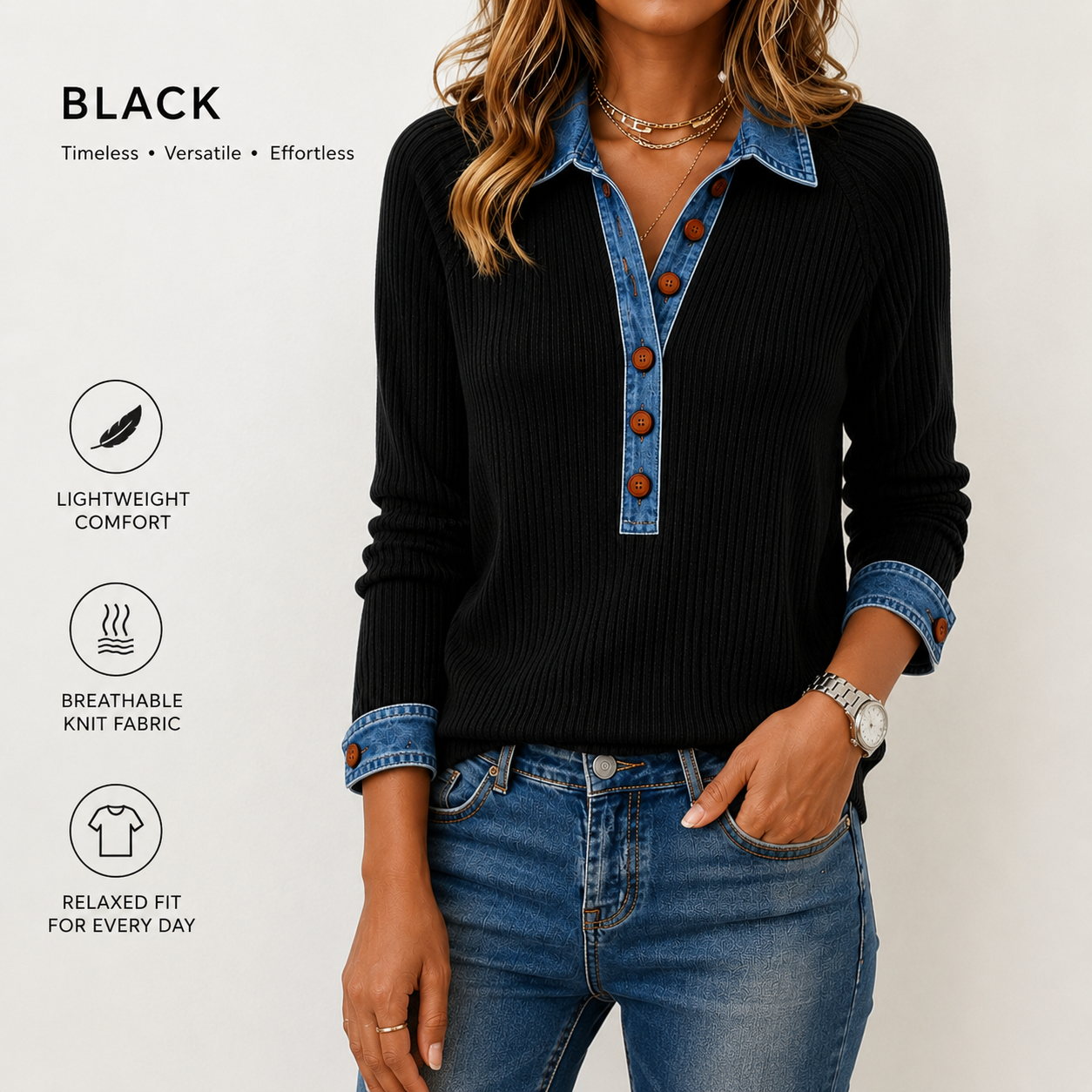 Denim-Trim Ribbed Knit Henley Top
