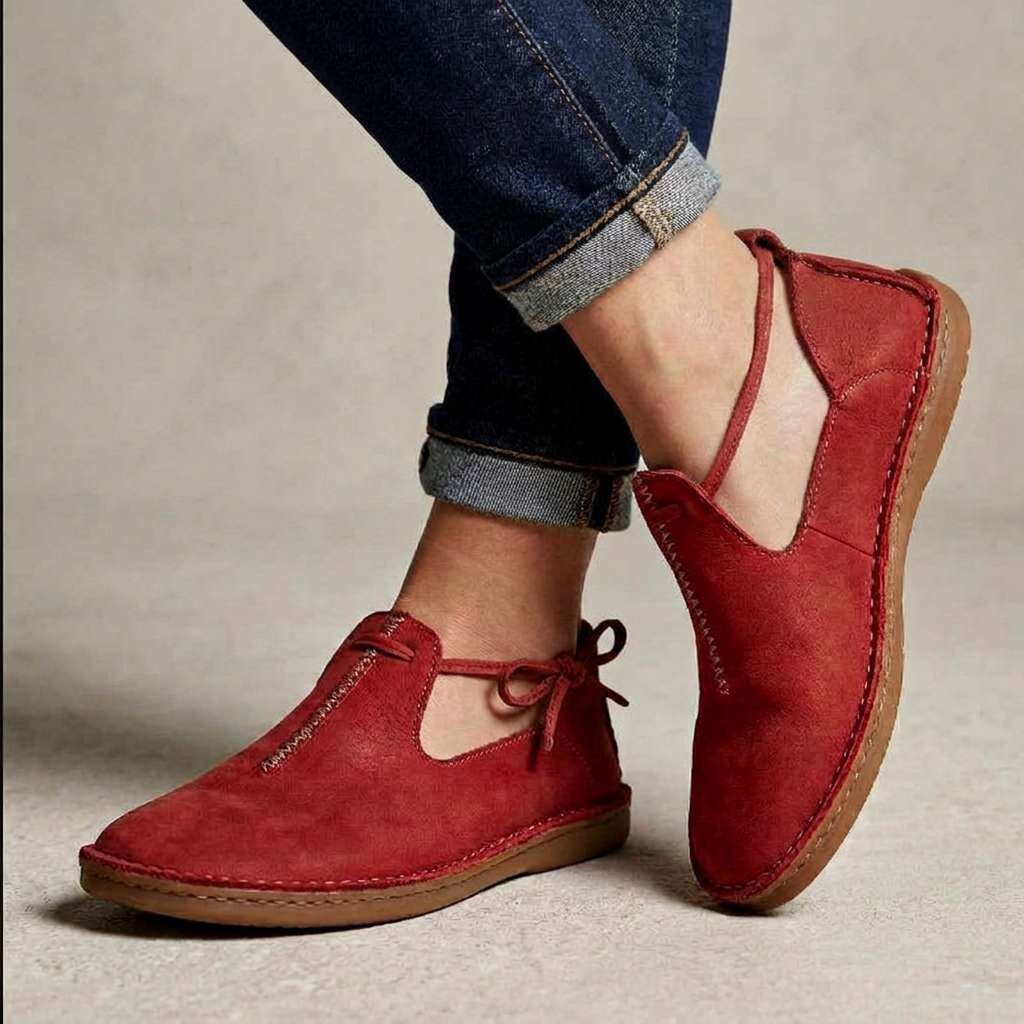 Delaina Women's Vintage Cutout Lace-Up Flats — Red cutout flats side view