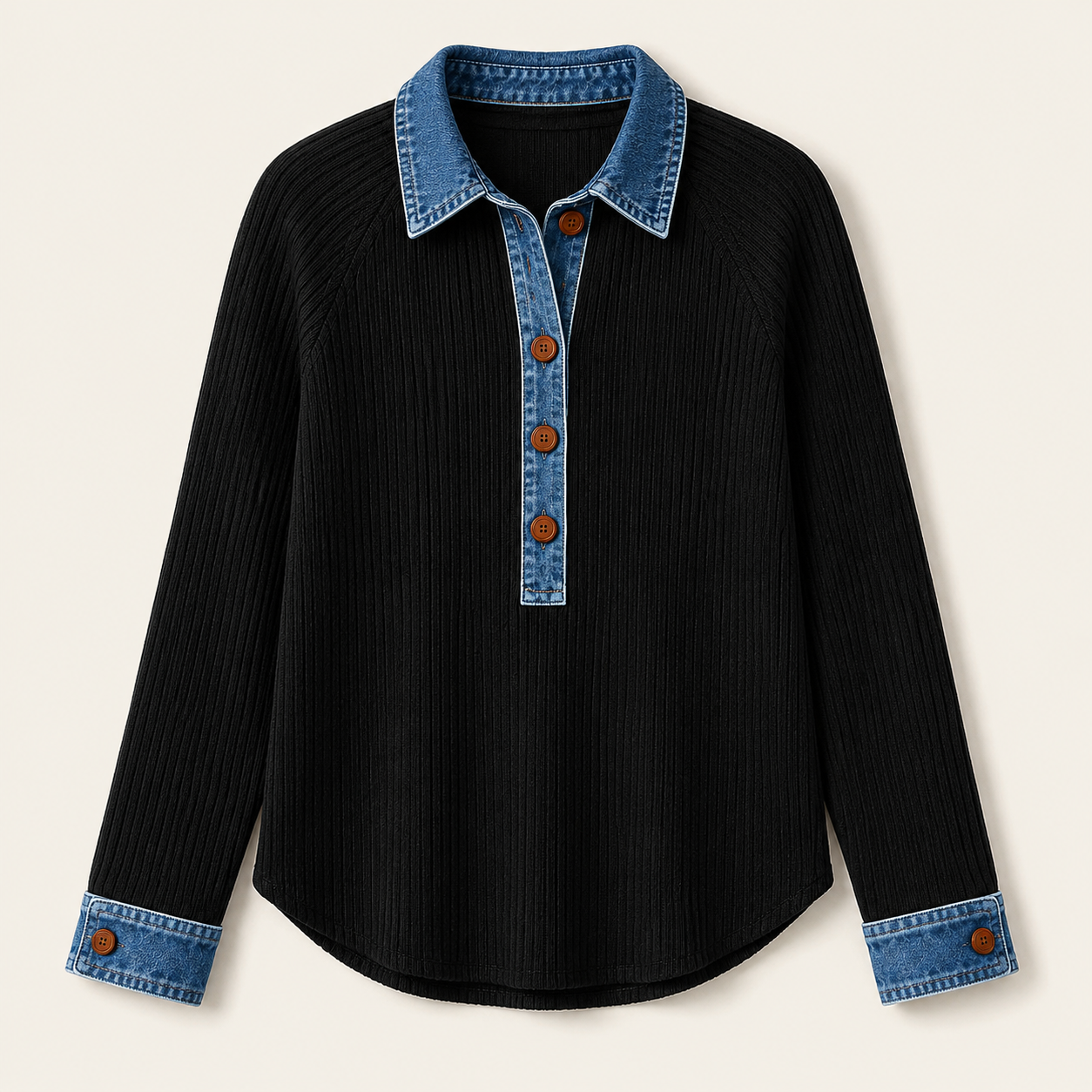 Denim-Trim Ribbed Knit Henley Top