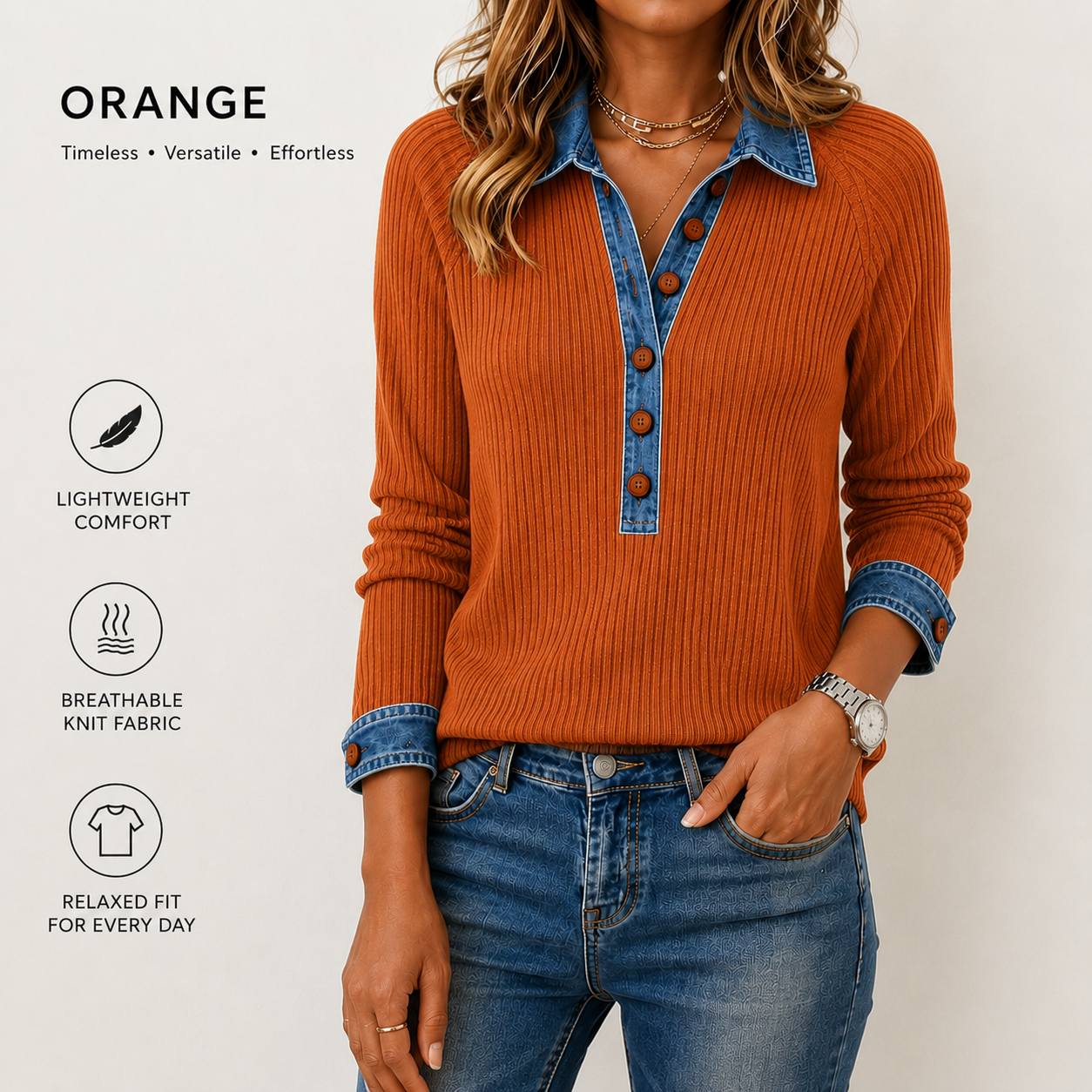 Denim-Trim Ribbed Knit Henley Top