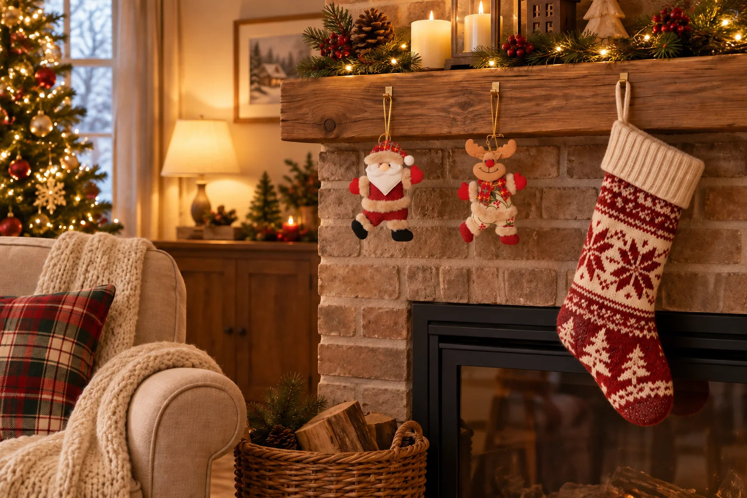 Christmas inspiration: small Santa and Reindeer decorations hanging beside a knitted stocking on a wooden mantel