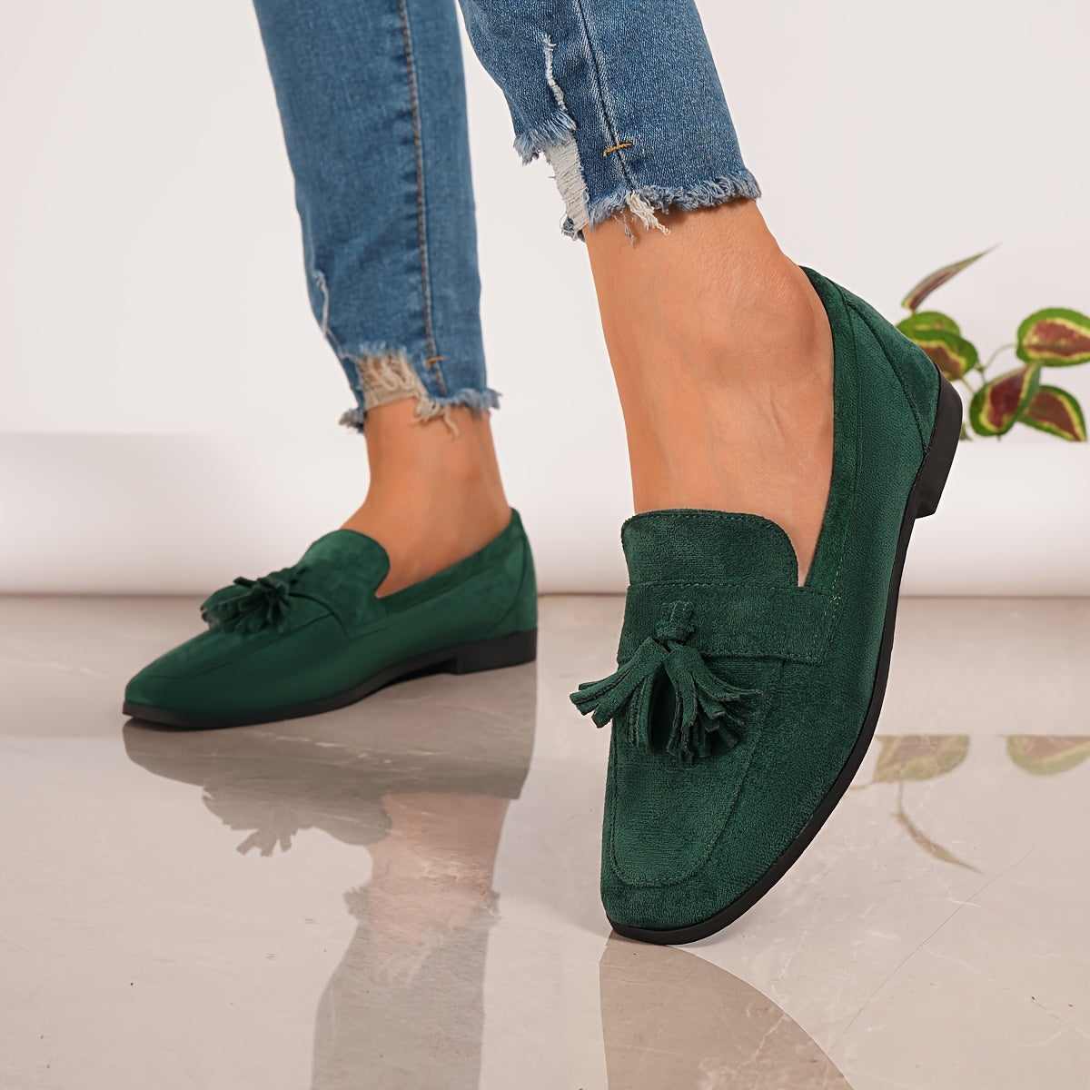 Lorae Women's Suede-Look Tassel Loafers — Green tassel loafers on foot
