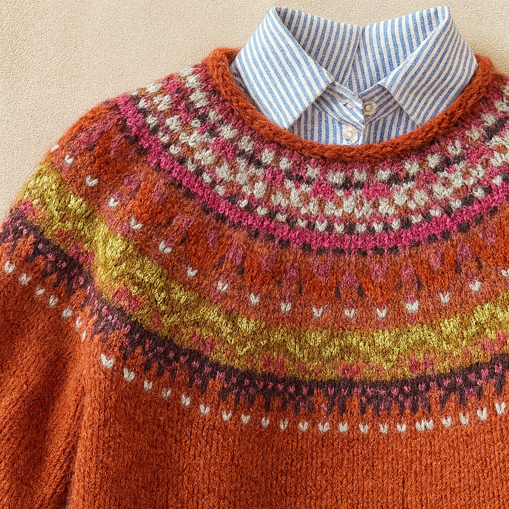 Women wearing colorful geometric crewneck knit sweaters