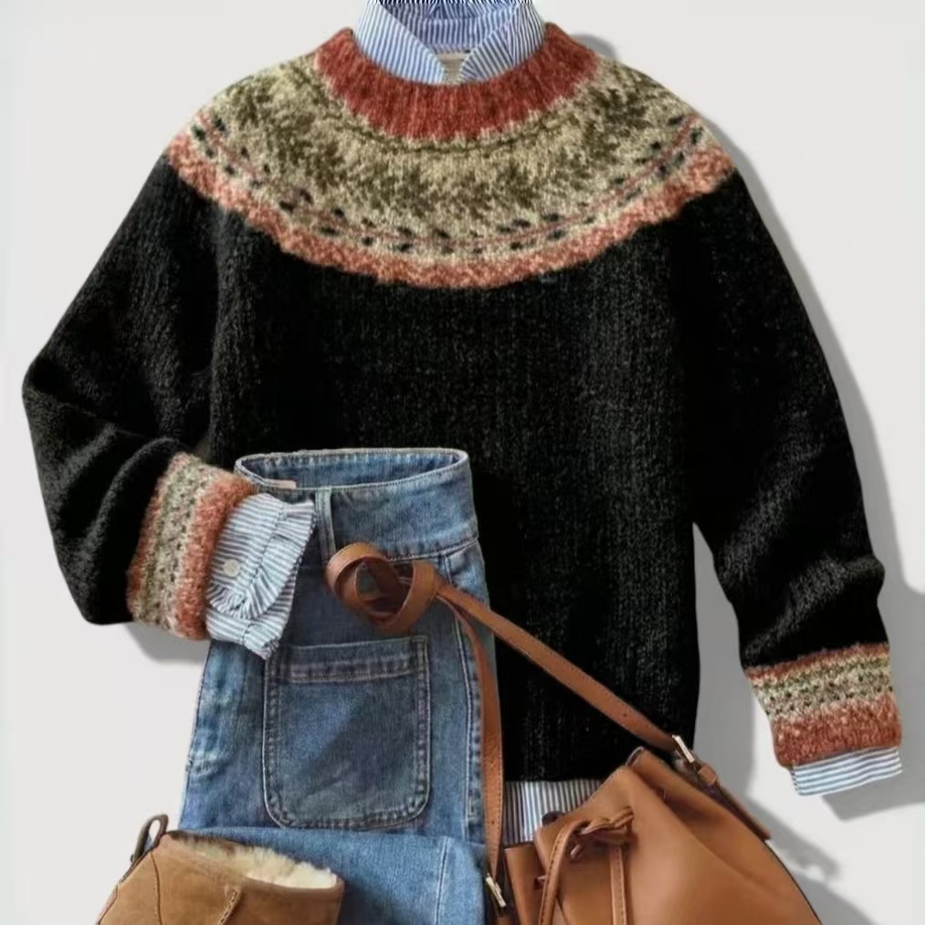 Classic Black women's geometric crewneck knit sweater