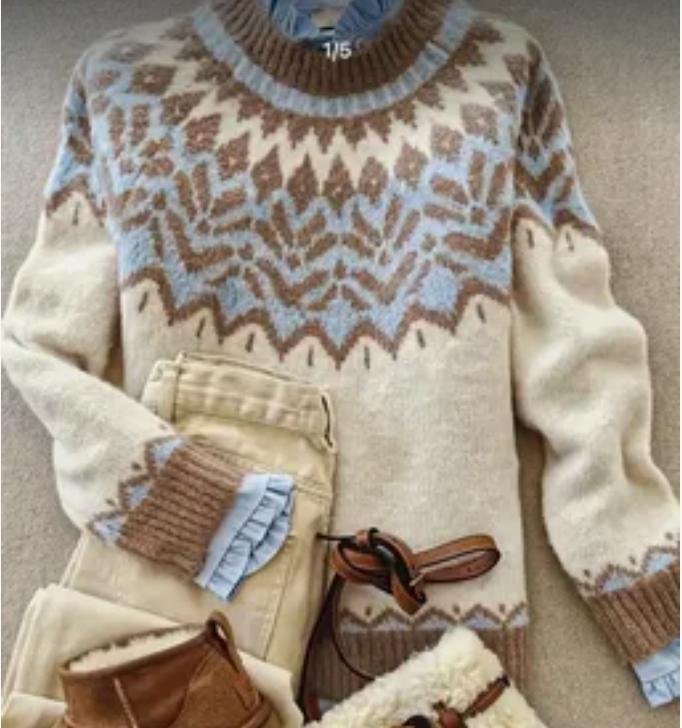 Cream & Mocha women's geometric crewneck knit sweater