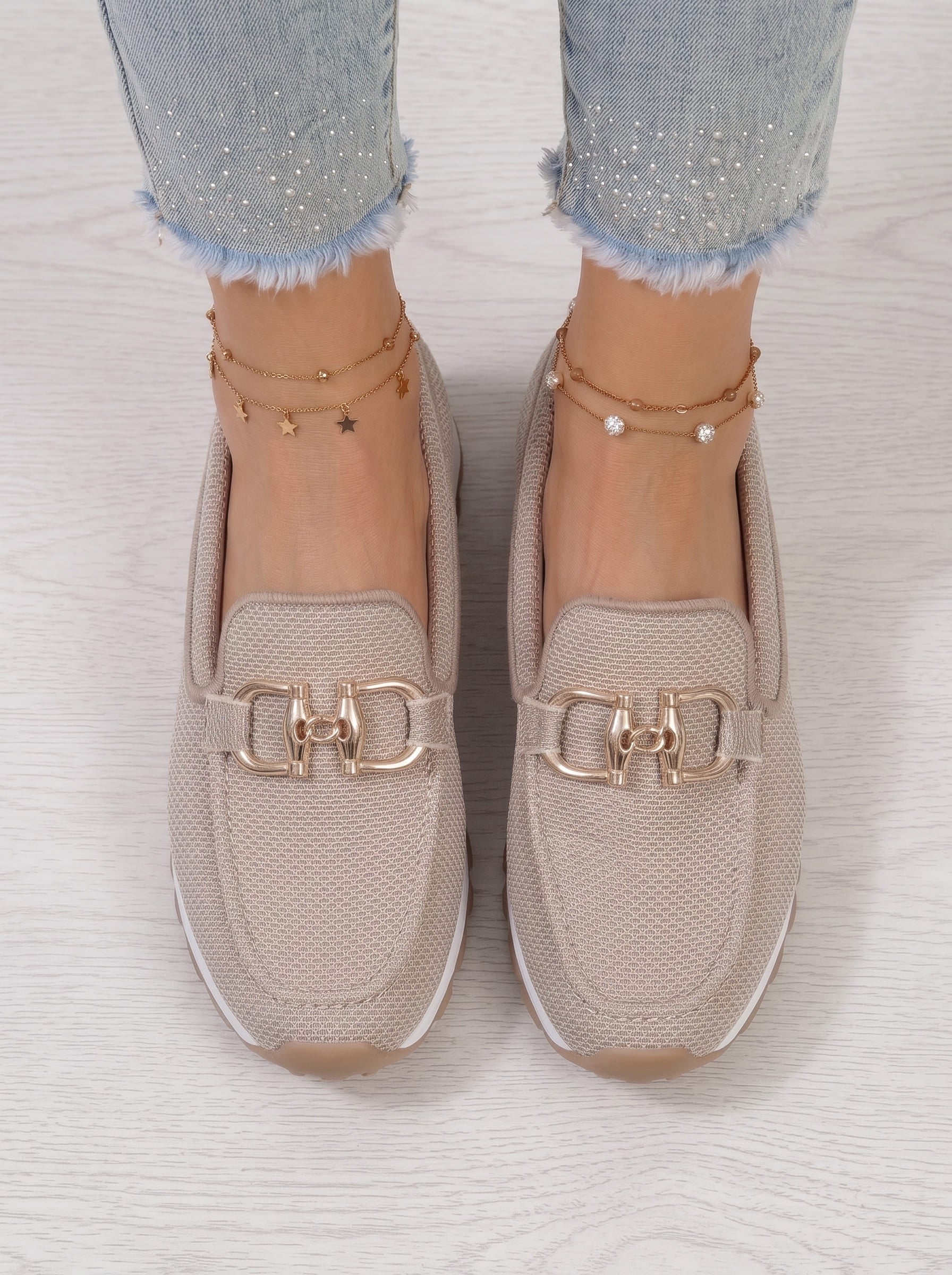 Top view of sand beige slip-on loafers