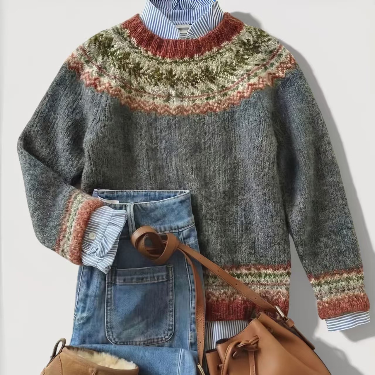 Heather Gray women's geometric crewneck knit sweater