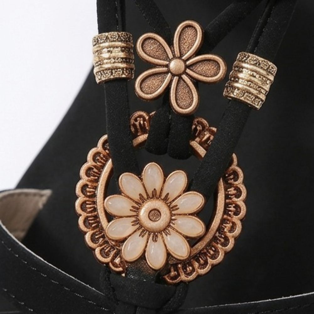 Women's Boho Flat Sandals with Gold Floral Charms
