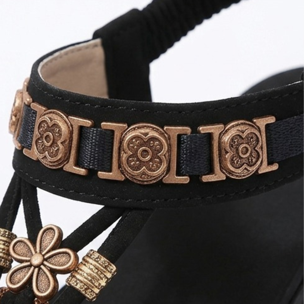 Women's Boho Flat Sandals with Gold Floral Charms