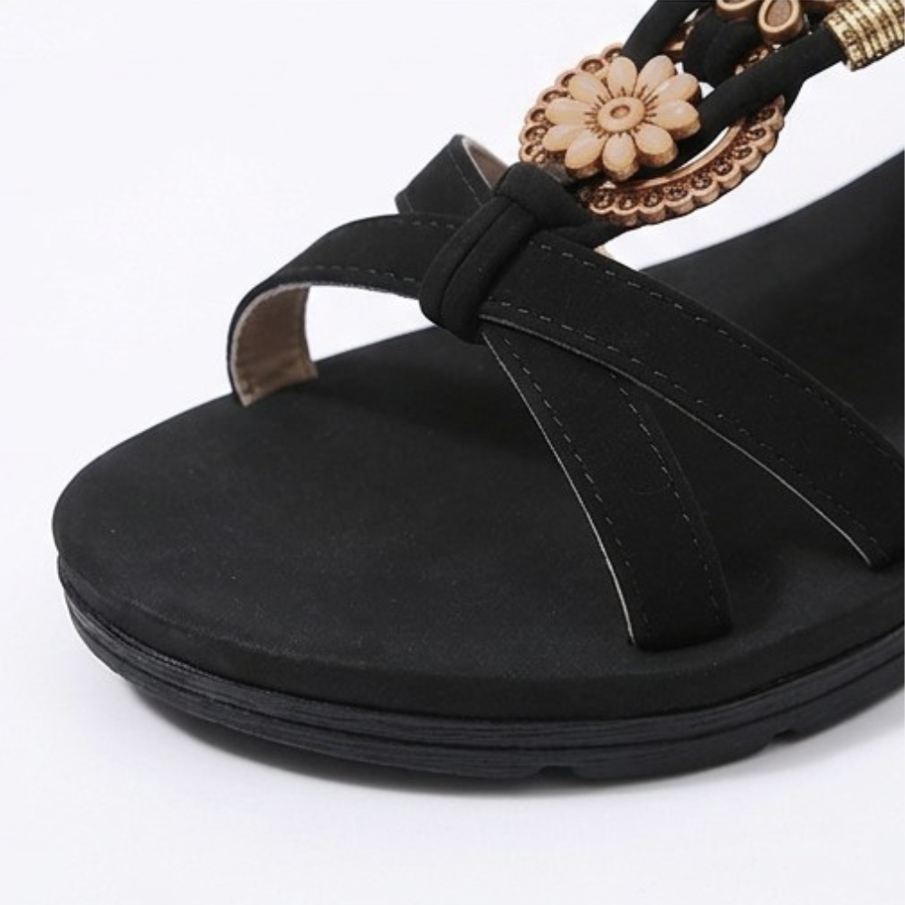Women's Boho Flat Sandals with Gold Floral Charms