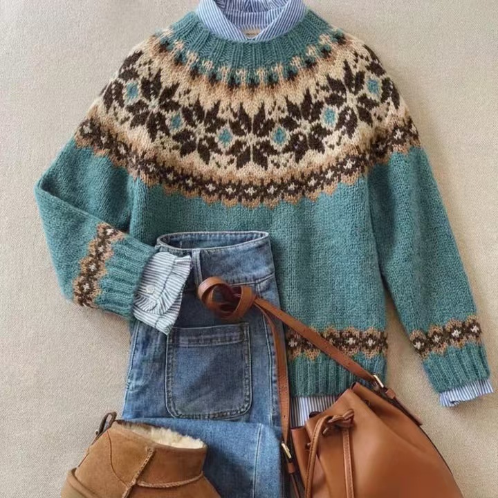 Vintage Teal women's geometric crewneck knit sweater