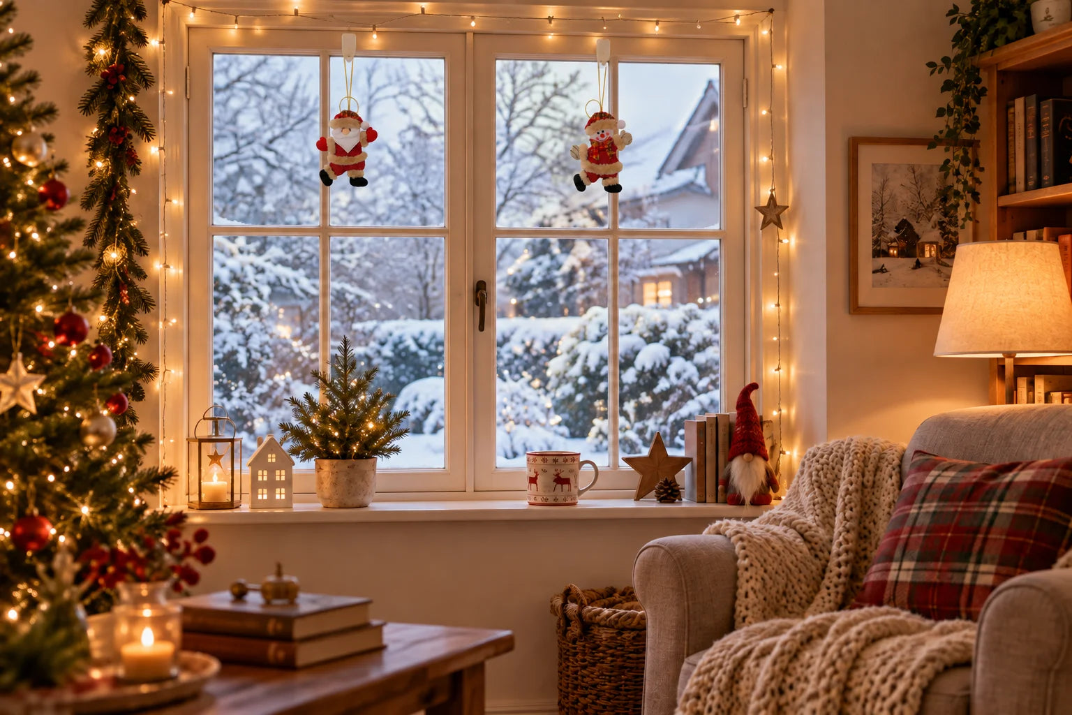 Christmas styling inspiration: Santa and Snowman ornaments hanging by a warmly lit winter window