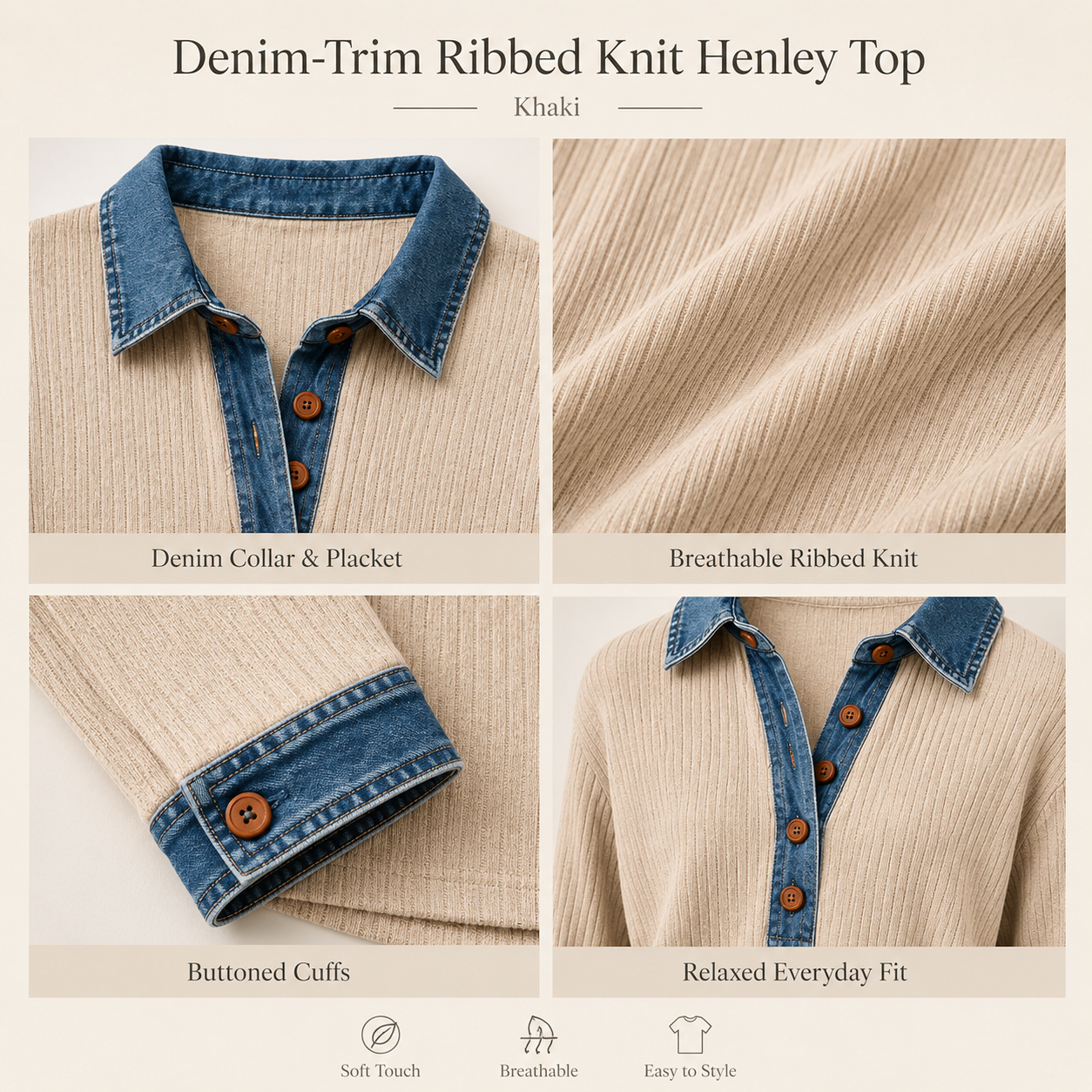 Denim-Trim Ribbed Knit Henley Top