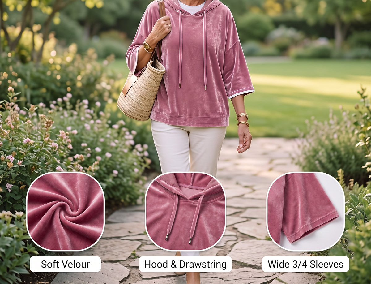 Veloura Oversized 3/4-Sleeve Velour Hoodie