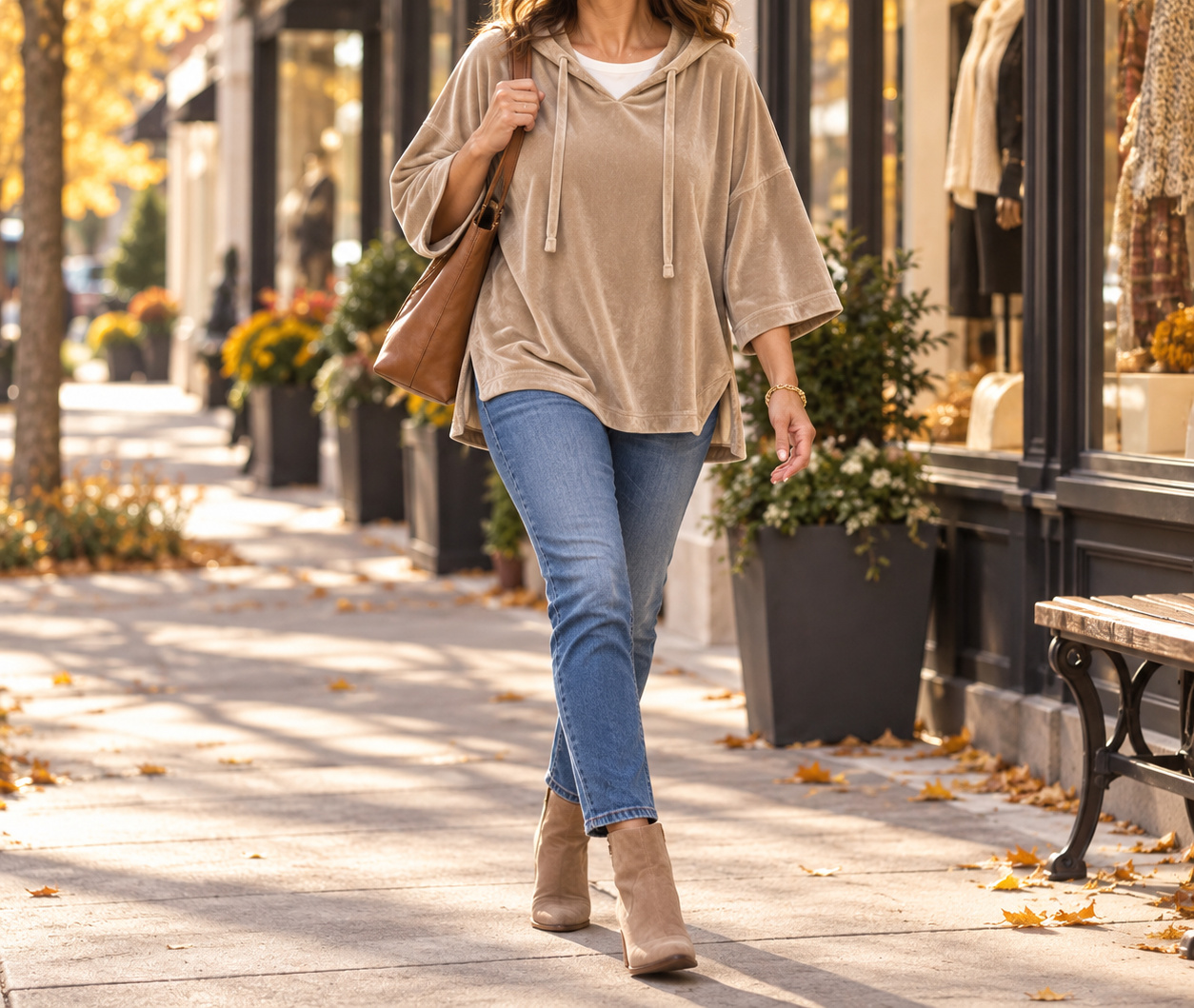 Veloura styled for an autumn shopping walk