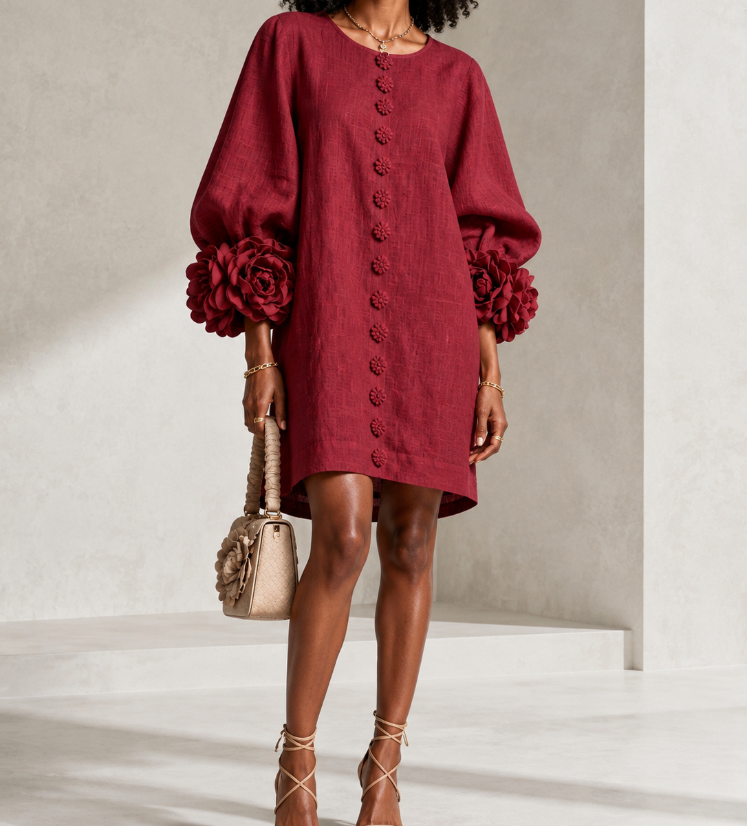 Burgundy Aurelia dress on a Black model
