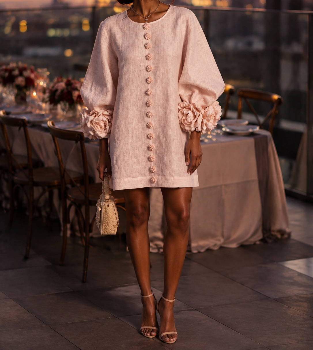 Burgundy Aurelia dress at a rooftop dinner