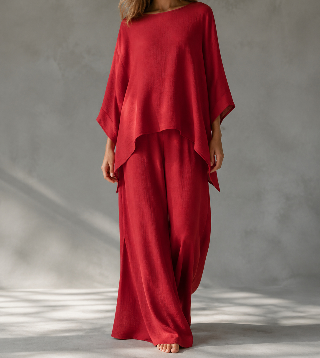 Red Serena two-piece set on a model