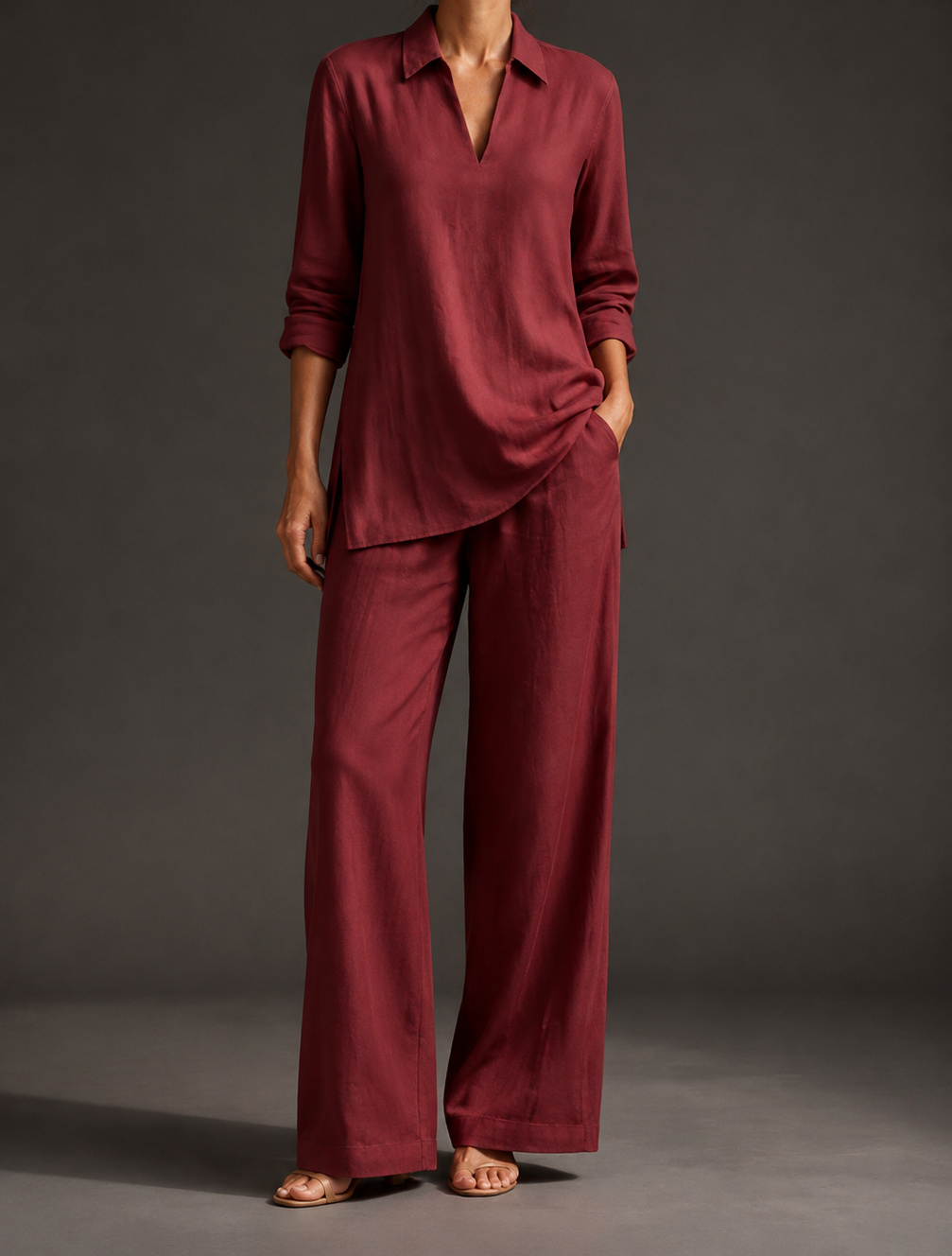 Burgundy Camille two-piece set on a model
