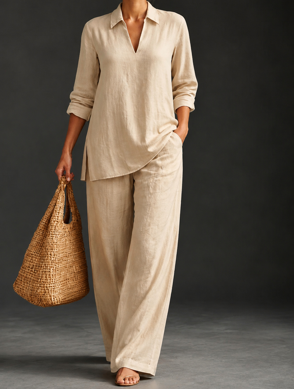Natural Beige Camille two-piece set on a model