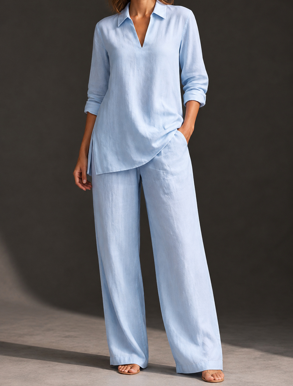 Light Blue Camille two-piece set on a model