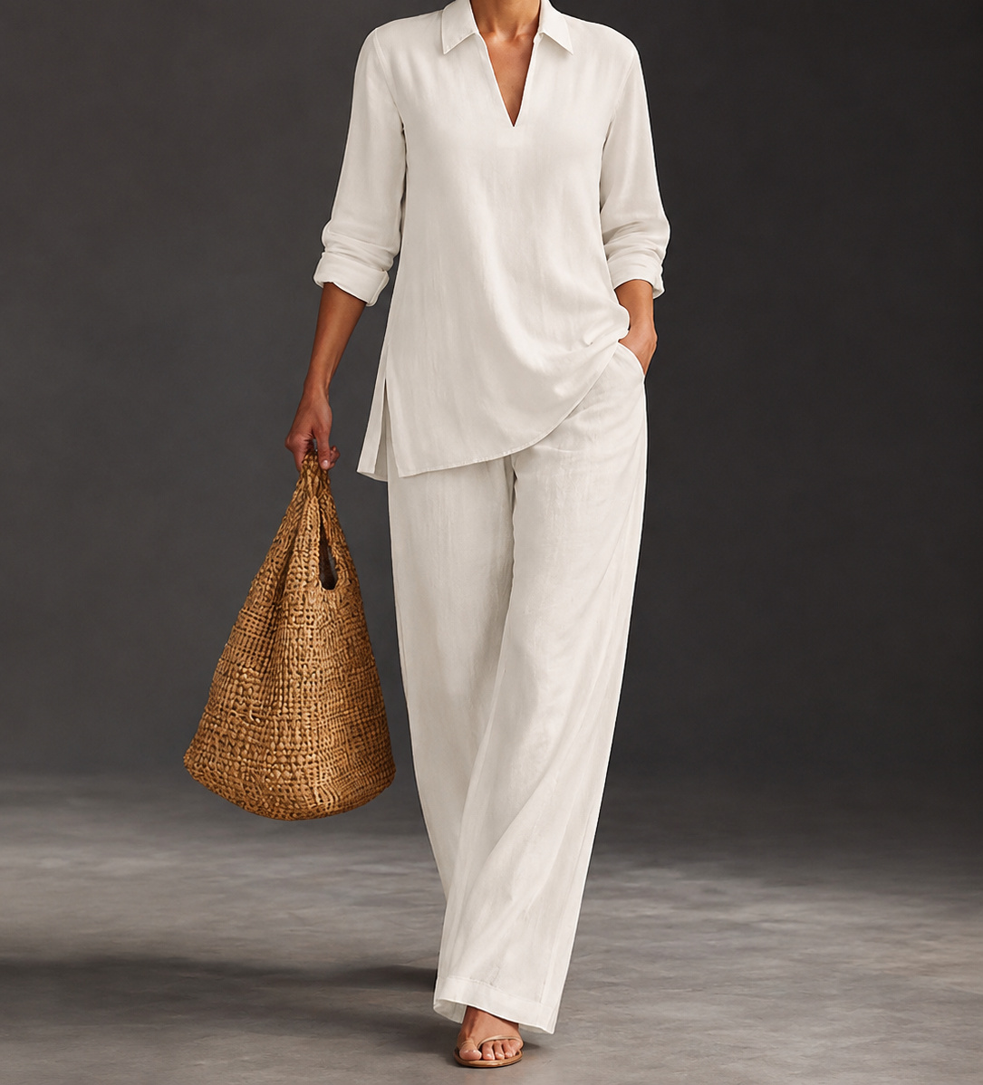 Ivory White Camille two-piece set on a model