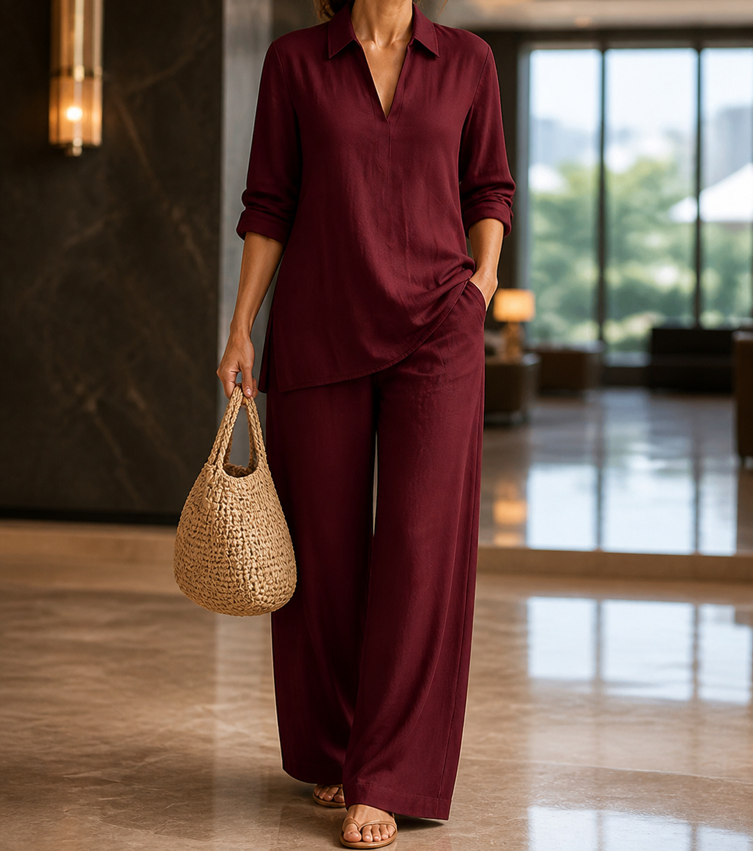 Burgundy Camille set in a city hotel