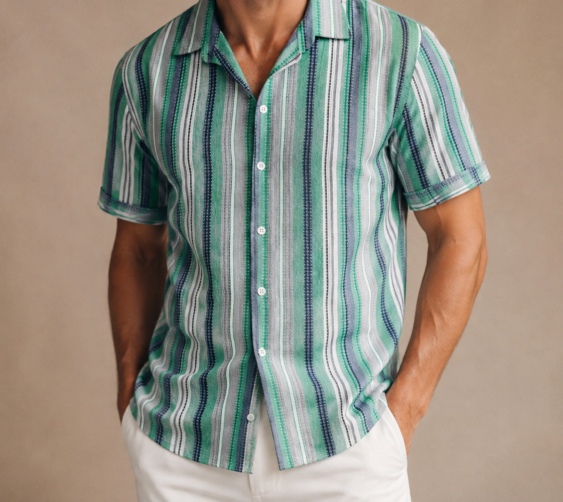 Green Mason vertical-stripe shirt on a male model