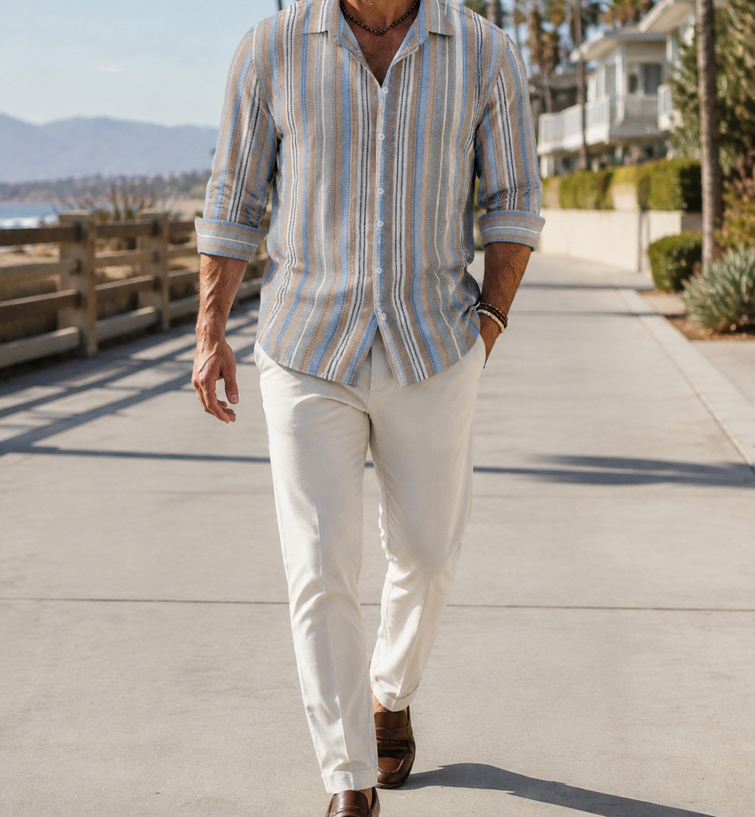 Mason shirt on a California coastal promenade