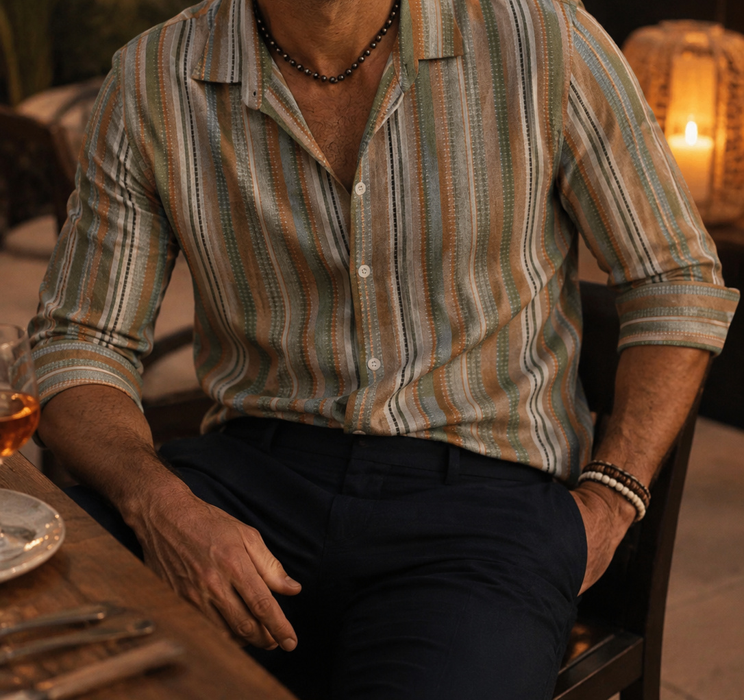 Rust and Green Mason shirt at a rooftop dinner