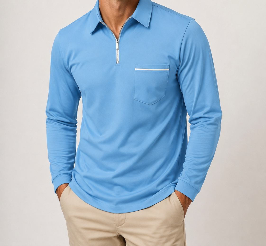 Light Blue Ronan quarter-zip polo on a male model