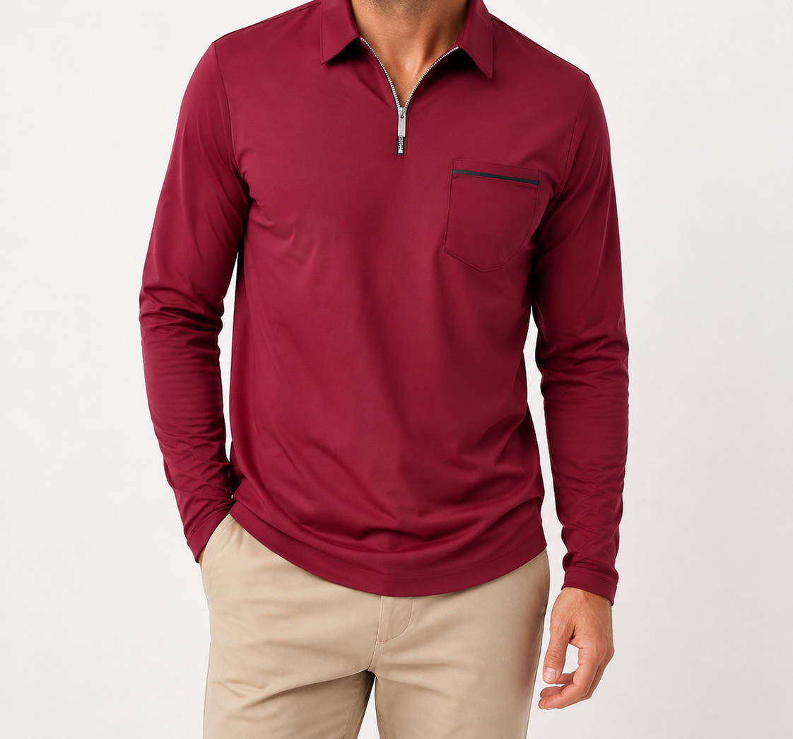 Burgundy Ronan quarter-zip polo on a male model