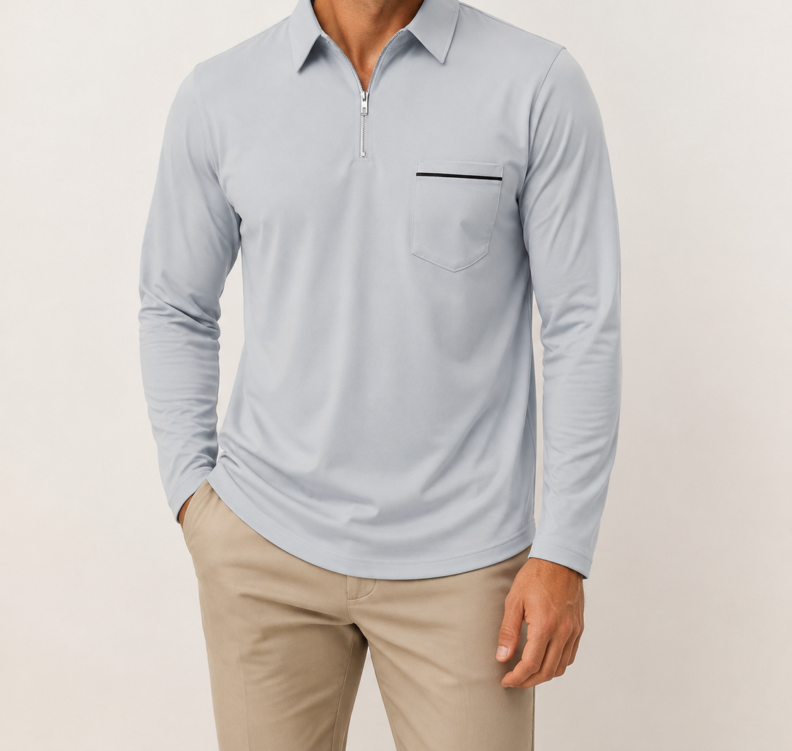 Light Gray Ronan quarter-zip polo on a male model