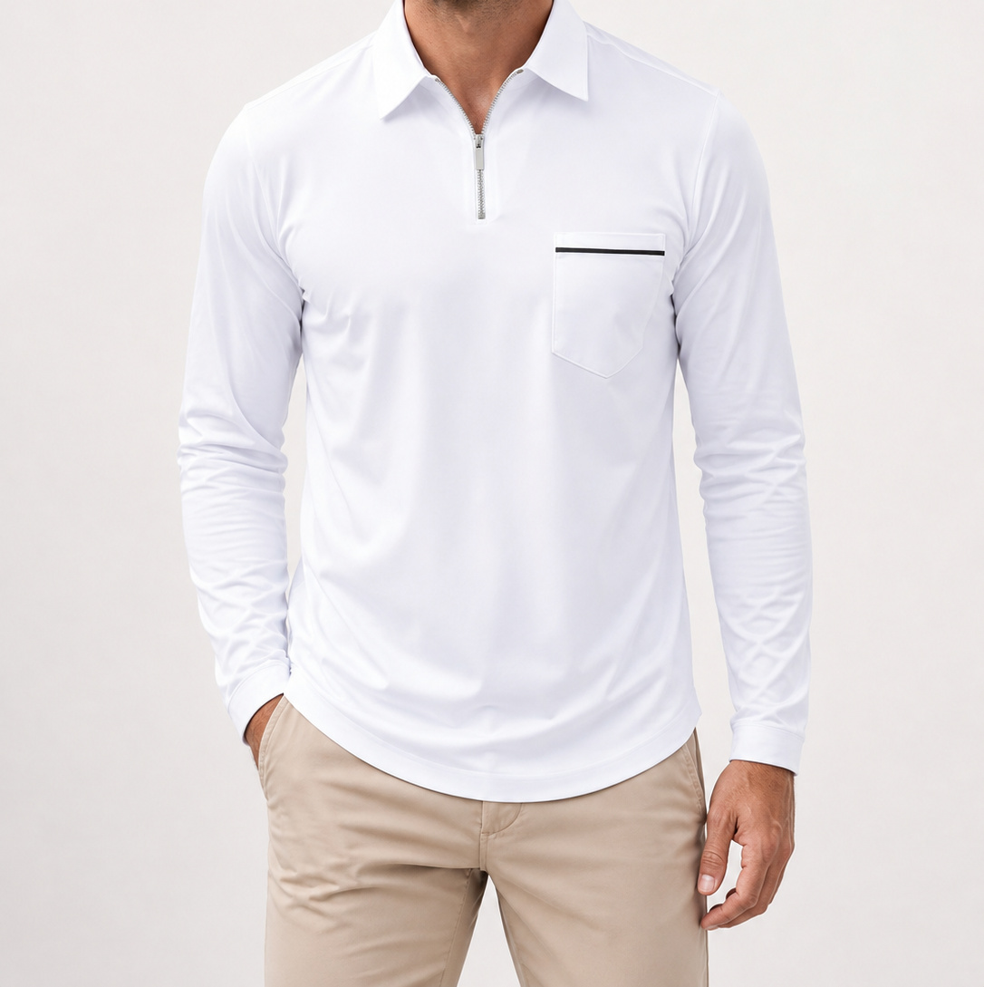 White Ronan quarter-zip polo on a male model