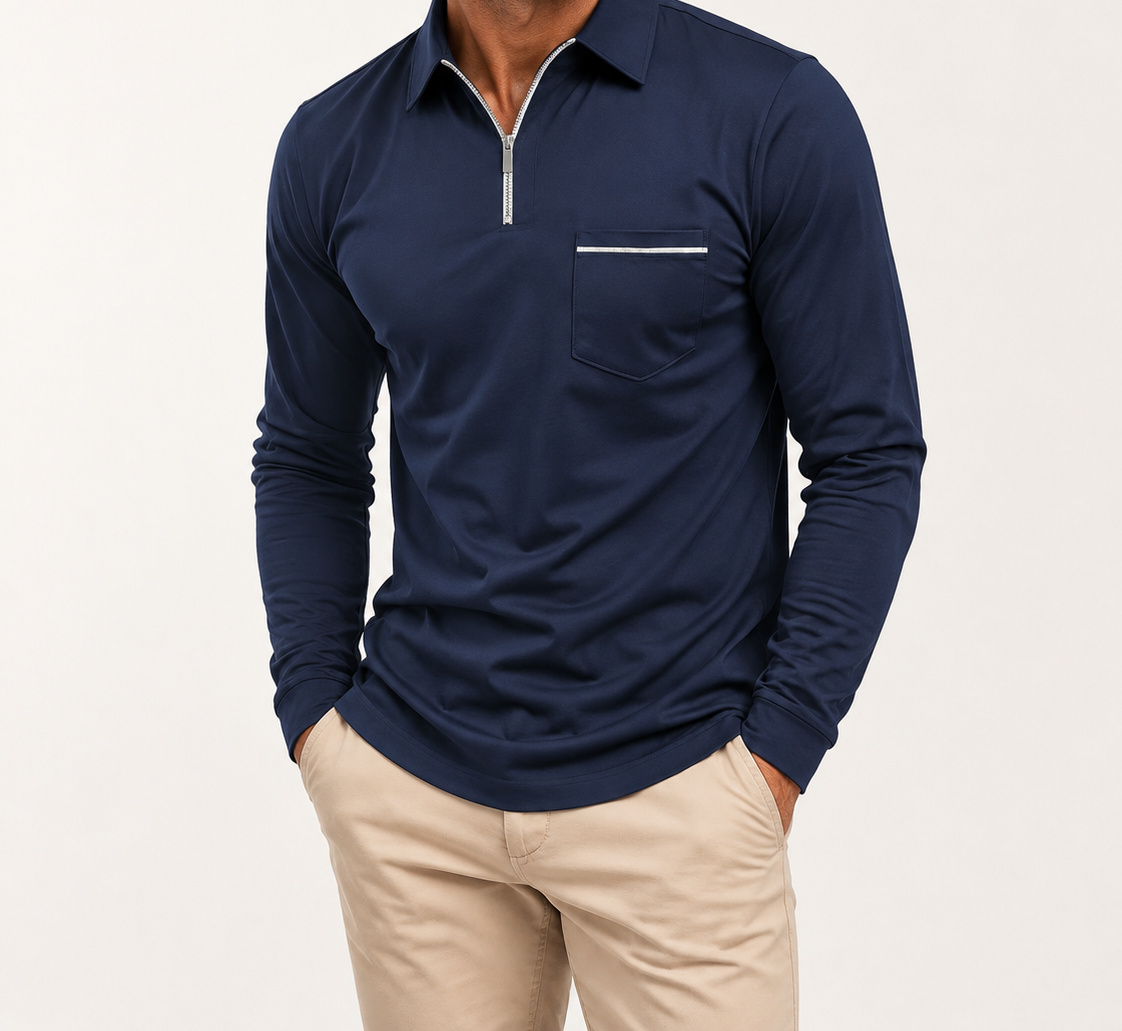 Navy Ronan quarter-zip polo on a male model