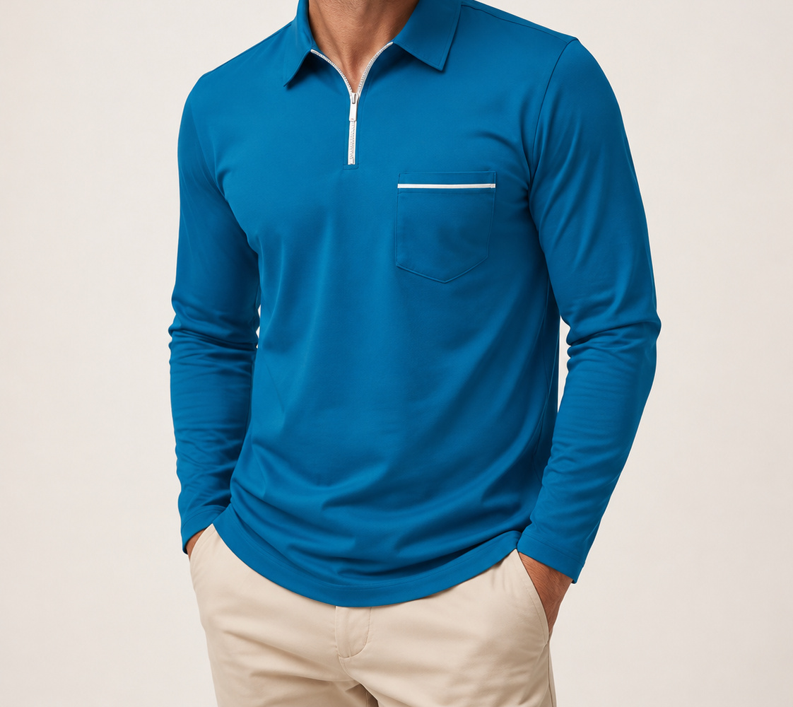 Teal Blue Ronan quarter-zip polo on a male model