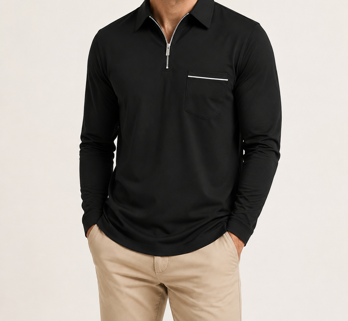 Black Ronan quarter-zip polo on a male model