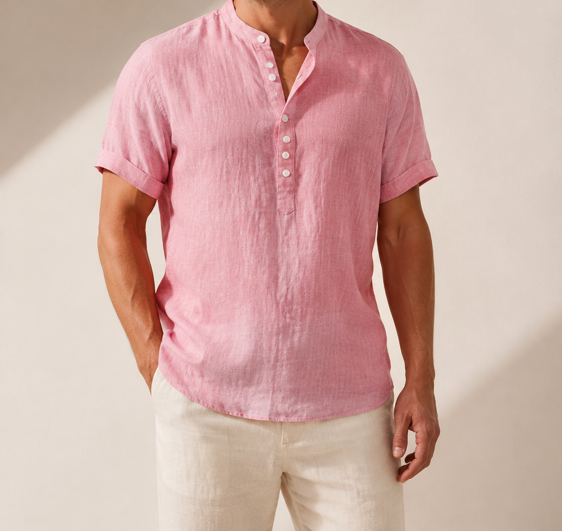 Pink Hayes short-sleeve Henley on a male model