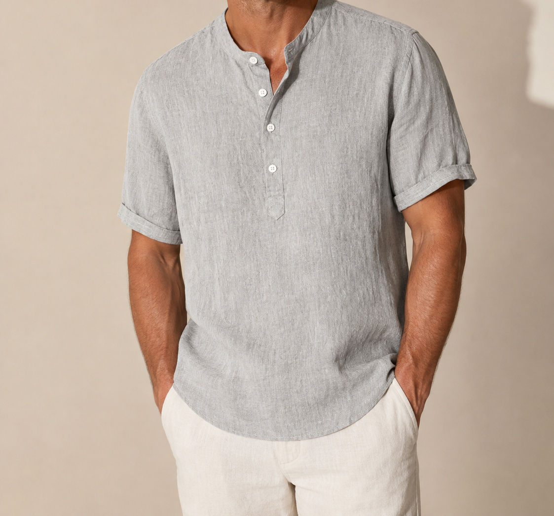 Light Gray Hayes short-sleeve Henley on a male model