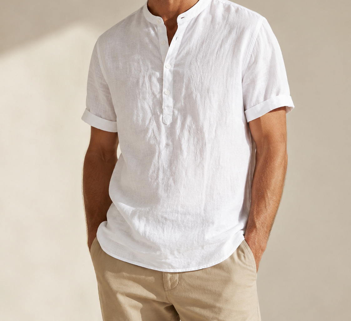 White Hayes short-sleeve Henley on a male model